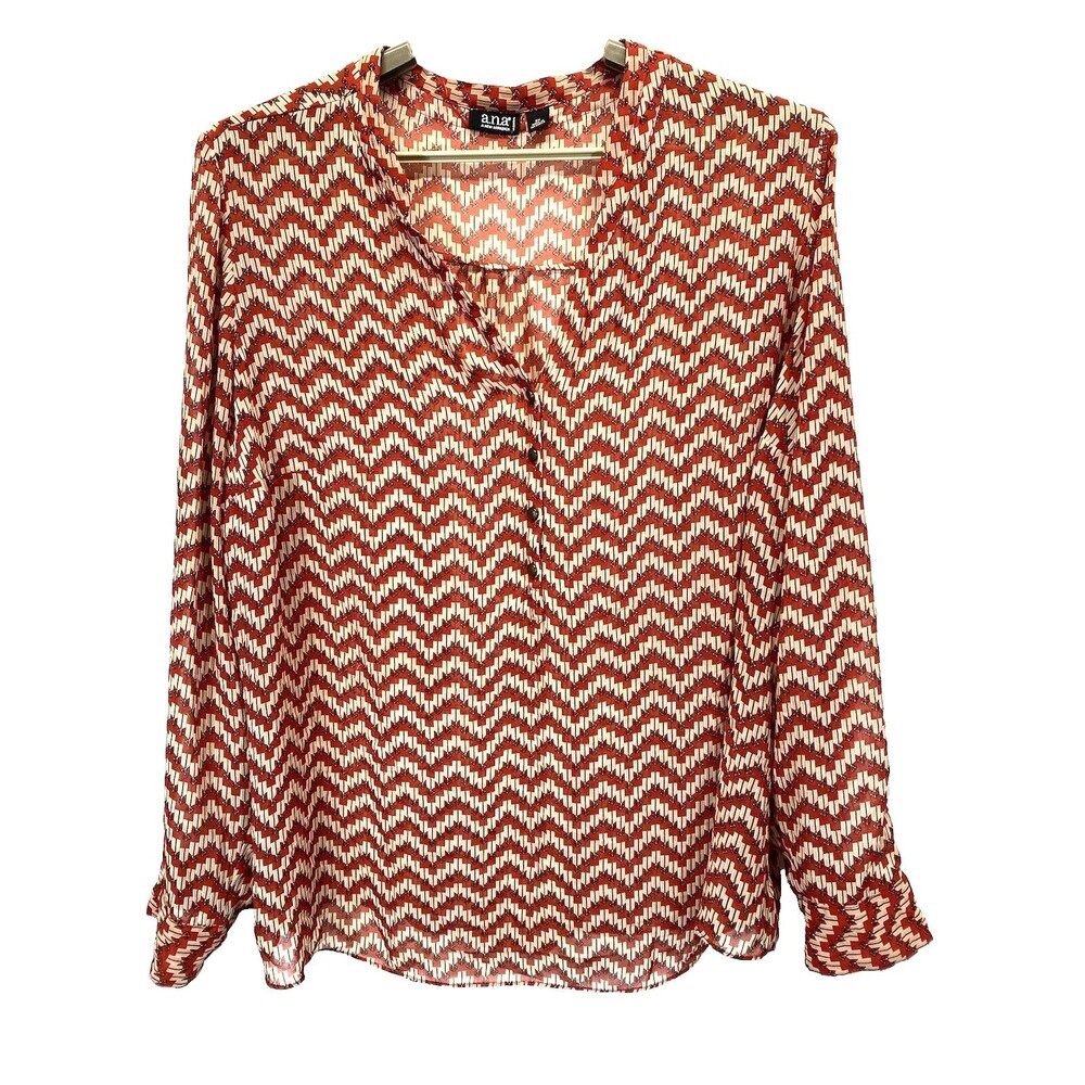 ANA Women's Top Size 3X Button Pull Over Semi Sheer Blouse Long Roll Tab Sleeves